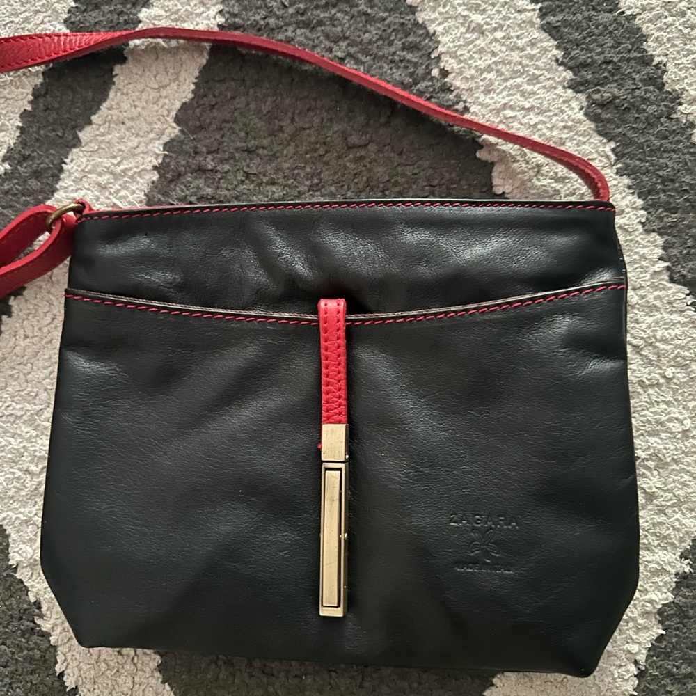 Leather Black and Red Crossbody Bag